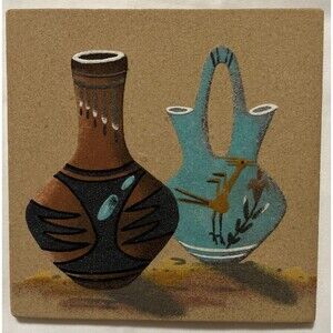 Navajo Sand Art Painting Signed "Water Jar & Wedding Vase" by Wilson Price Sr
